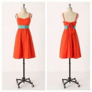 Edme & Esylite Size 4 Orange Dress Cotton Silk Patterned Belt Sweetheart Neck